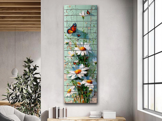 Butterfly and Daisies Wall Art – Rustic Floral Decor on Wooden Panels for Farmhouse Style