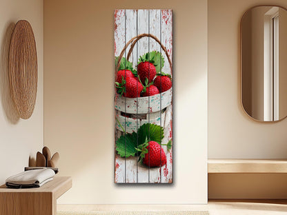 Rustic Wood Wall Art – Strawberry Basket Print | Farmhouse Wall Decor & Cozy Kitchen Decoration