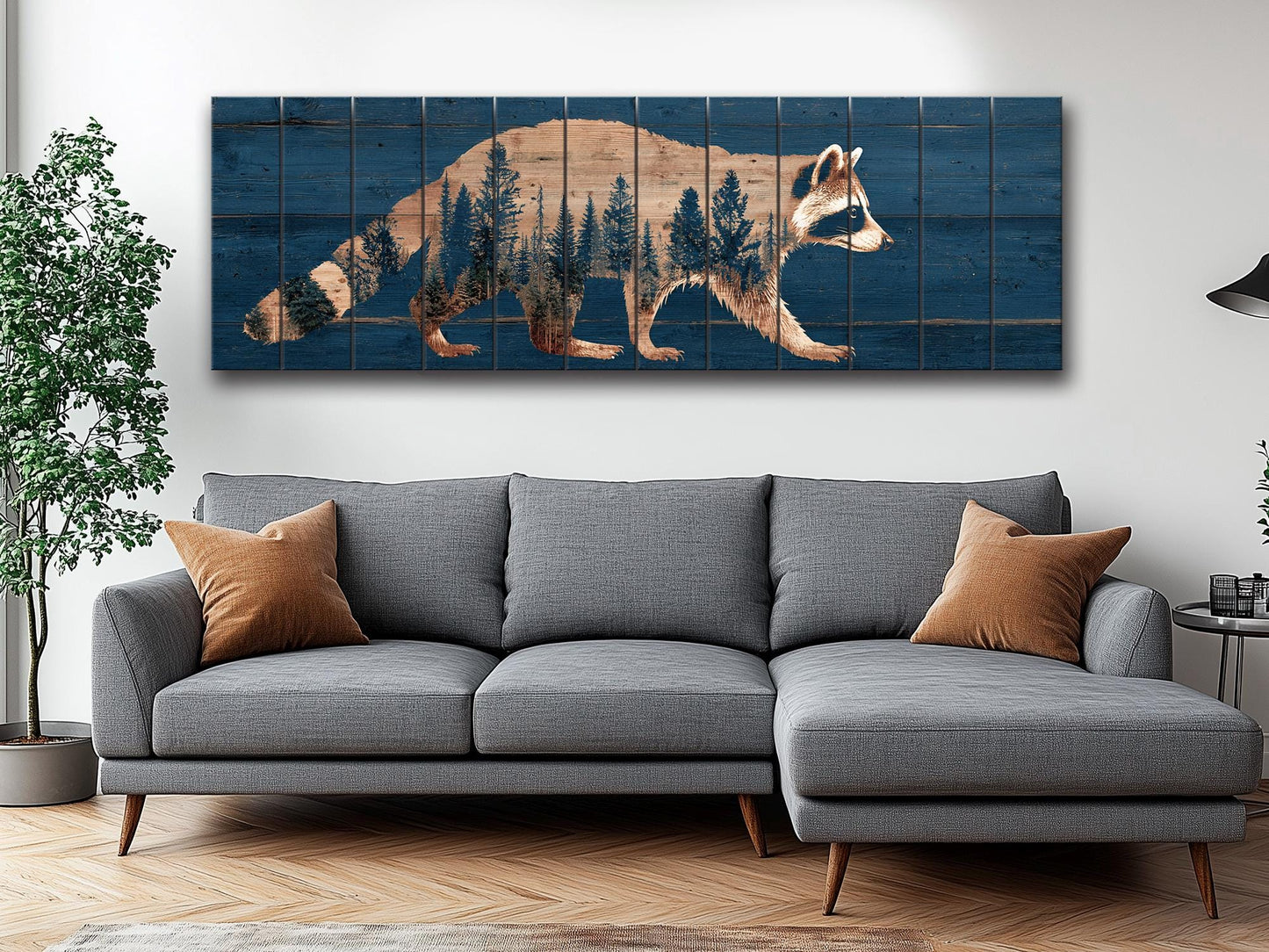 Raccoon Wall Art – Rustic Woodland Forest Silhouette on Natural Wood Planks