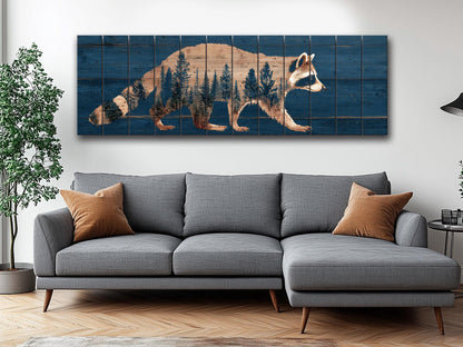 Raccoon Wall Art – Rustic Woodland Forest Silhouette on Natural Wood Planks