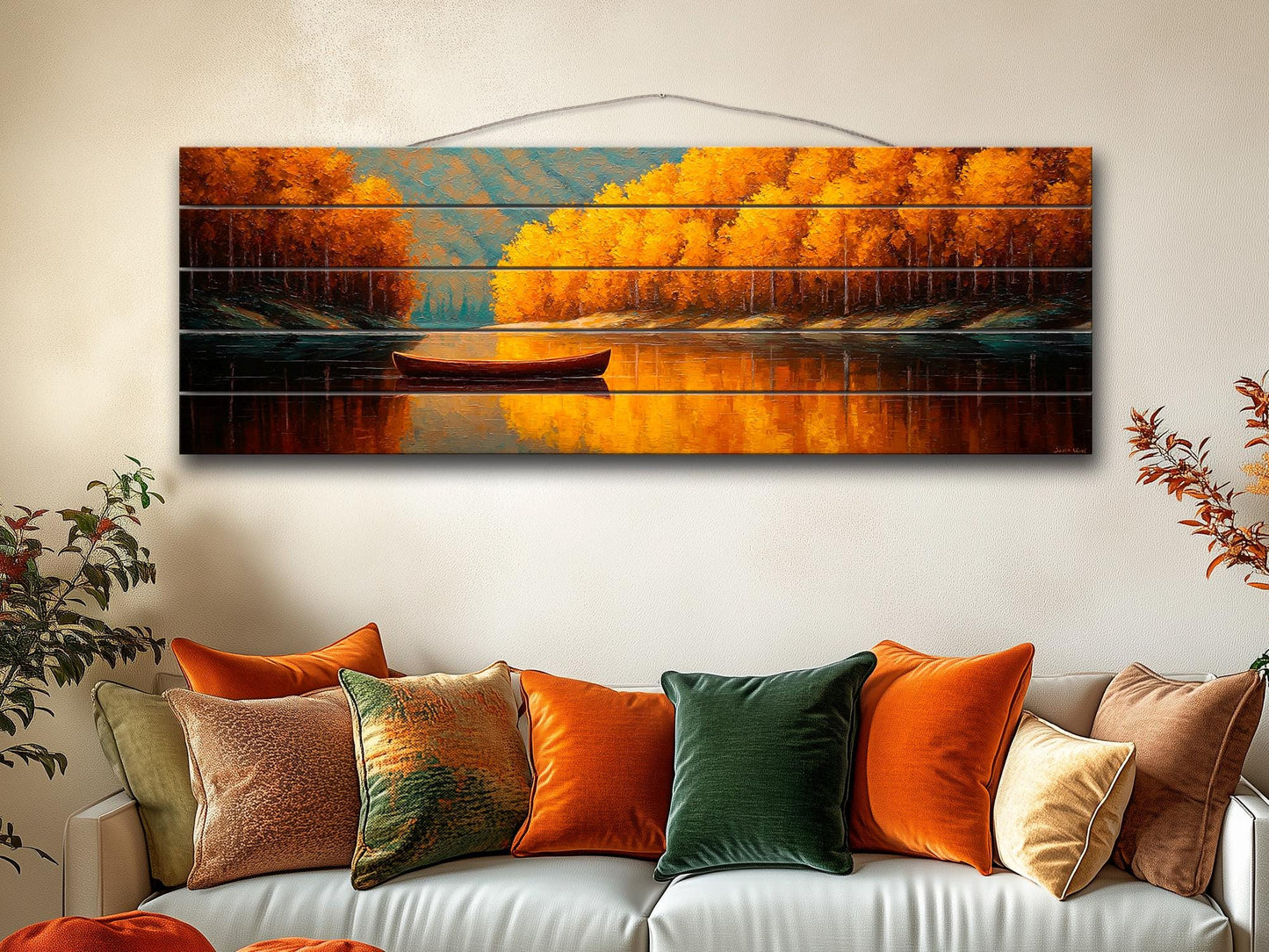 Wood Wall Art – Tranquil Lake Canoe Print on Natural Wood with Rustic Autumn Landscape