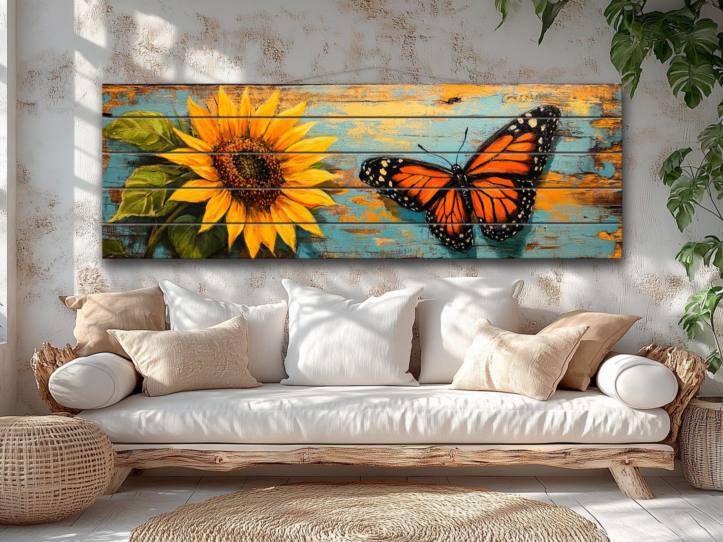 Wood Wall Art – Rustic Butterfly Wood Print & Sunflower Floral Decor Panel