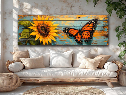 Wood Wall Art – Rustic Butterfly Wood Print & Sunflower Floral Decor Panel
