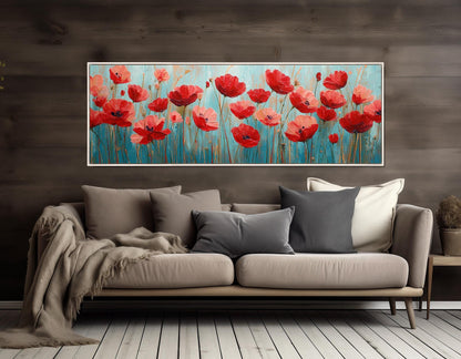 Field of Poppies Swaying in a Summer Breeze Canvas Print, Floral Wall Decor, Framed and Ready to Hang