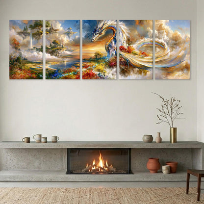 a large, colorful dragon painting displayed on a wall above a fireplace.