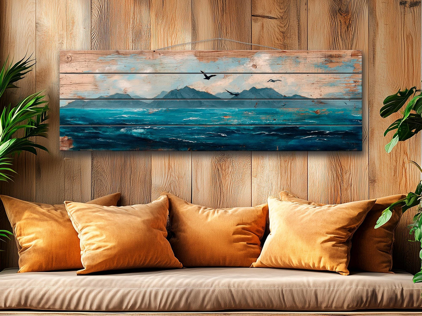 Scenic Wood Wall Art - Ocean with Mountains and Seagulls Painting Printed on Natural Wood, Nautical Wall Art, Rustic Sea Painting Print