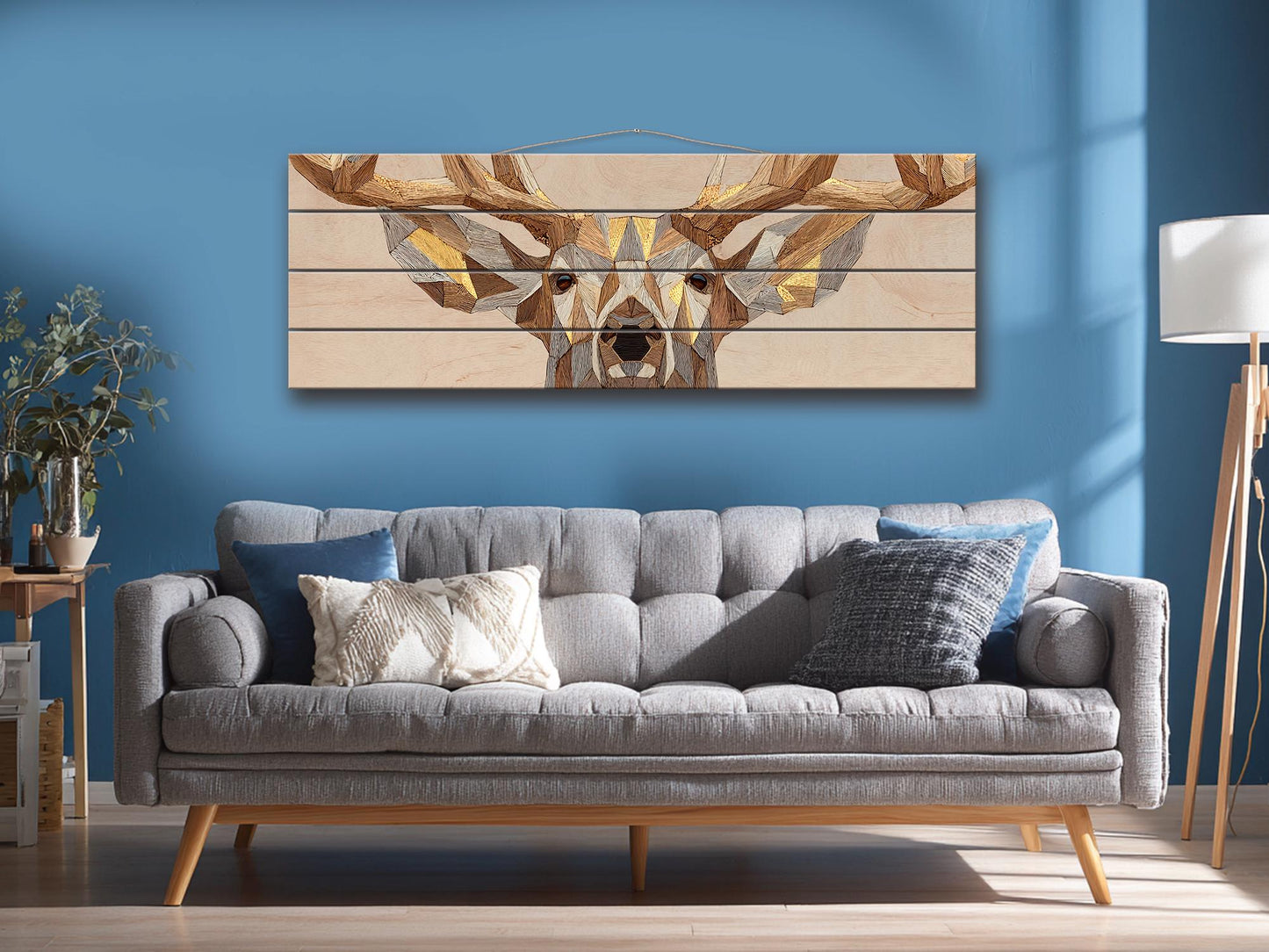 Deer Print Wood | Geometric Deer Art with Gold Accent - Rustic Modern Cabin Decor