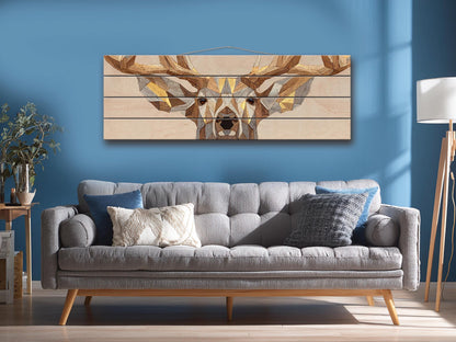 Deer Print Wood | Geometric Deer Art with Gold Accent - Rustic Modern Cabin Decor