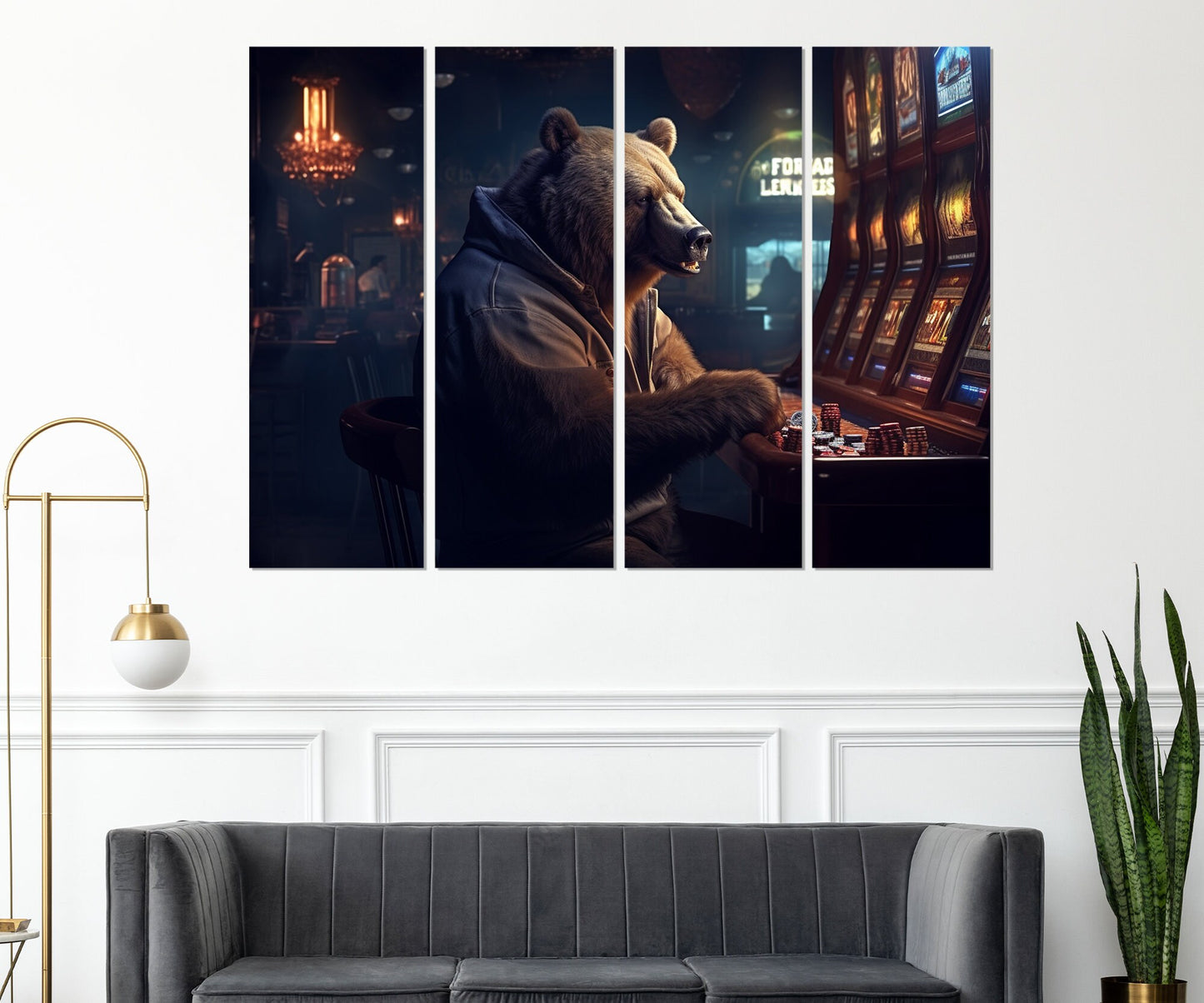 Casino Wall Art - Brown Bear Playing Slot Machines | Framed Canvas Print