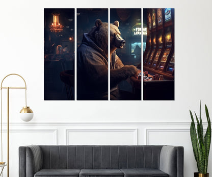 Casino Wall Art - Brown Bear Playing Slot Machines | Framed Canvas Print