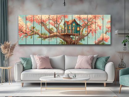 Wood Wall Art – Whimsical Treehouse Painting on Natural Wood Print | Rustic Cabin Decor