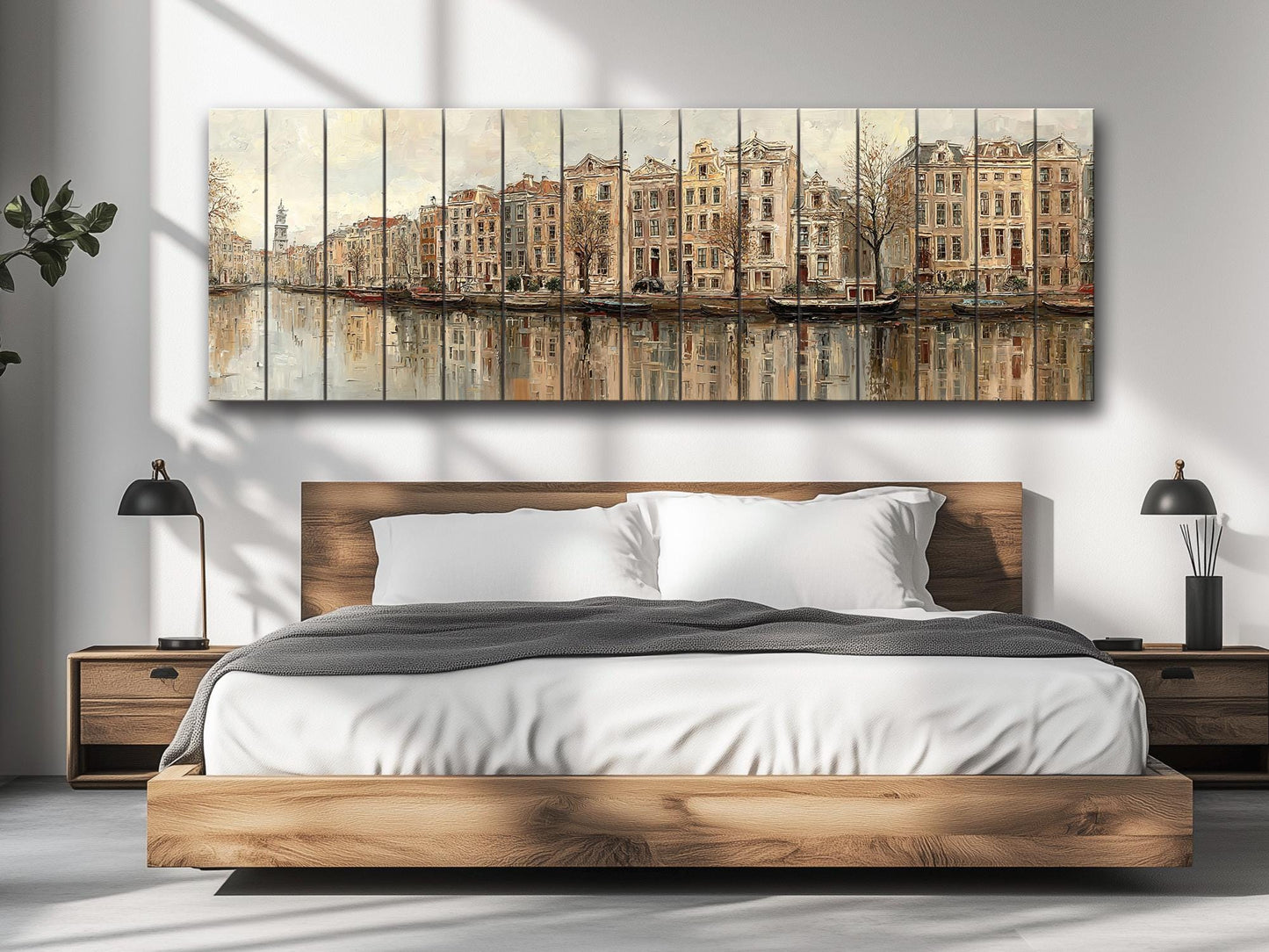Amsterdam Canal Houses Print – Rustic Wood Wall Art | Beige Panoramic Decor