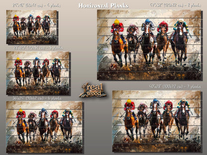 Horse Racing Painting Printed on Wood, Horses Wall Art, Horse Racing Fan Gift, Kentucky Derby Wall Art, Rustic Natural Wood Print