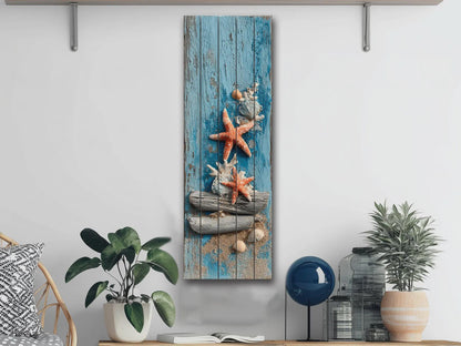 Wood Wall Art | Coastal Wall Art - Driftwood Starfish Print on Rustic Wood Panel