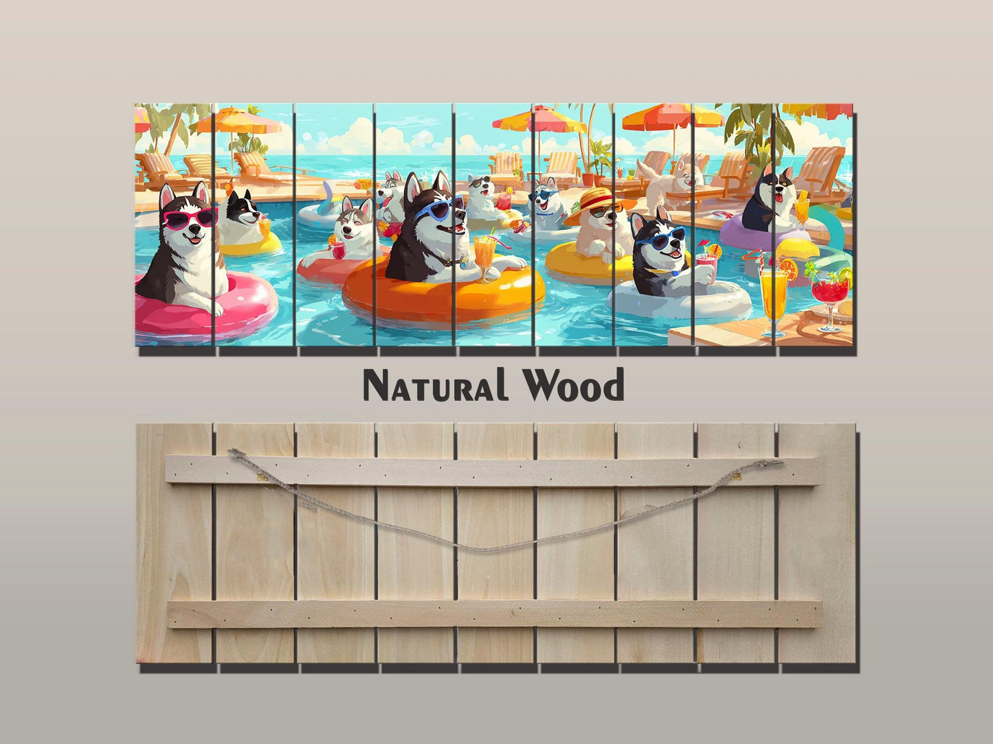 Funny Husky Wall Art – Playful Pool Party Print on Rustic Wood Decor