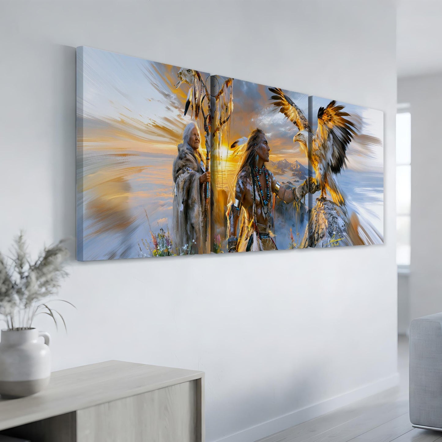 a large, colorful painting of two Native American figures, one holding a bird of prey, displayed on a wall in a room.