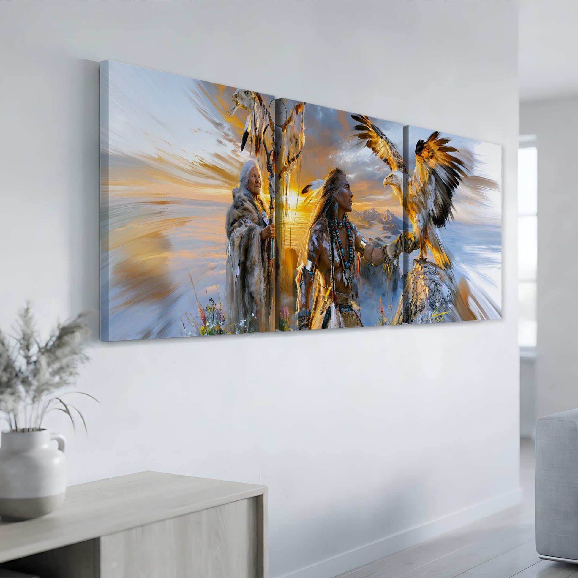 a large, colorful painting of two Native American figures, one holding a bird of prey, displayed on a wall in a room.