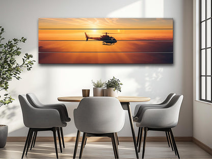 Helicopter Wall Art - Sunset Helicopter Print on Natural Wood | Ready to Hang Rustic Decor