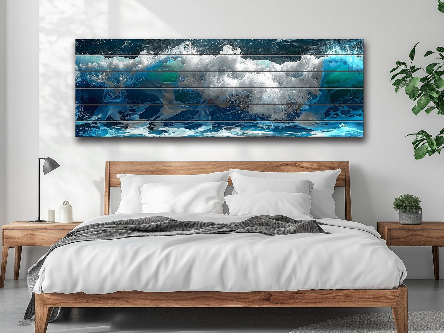 Ocean Wall Decor - Natural Wood Art with Deep Blue Ocean Waves Print, Ready to Hang