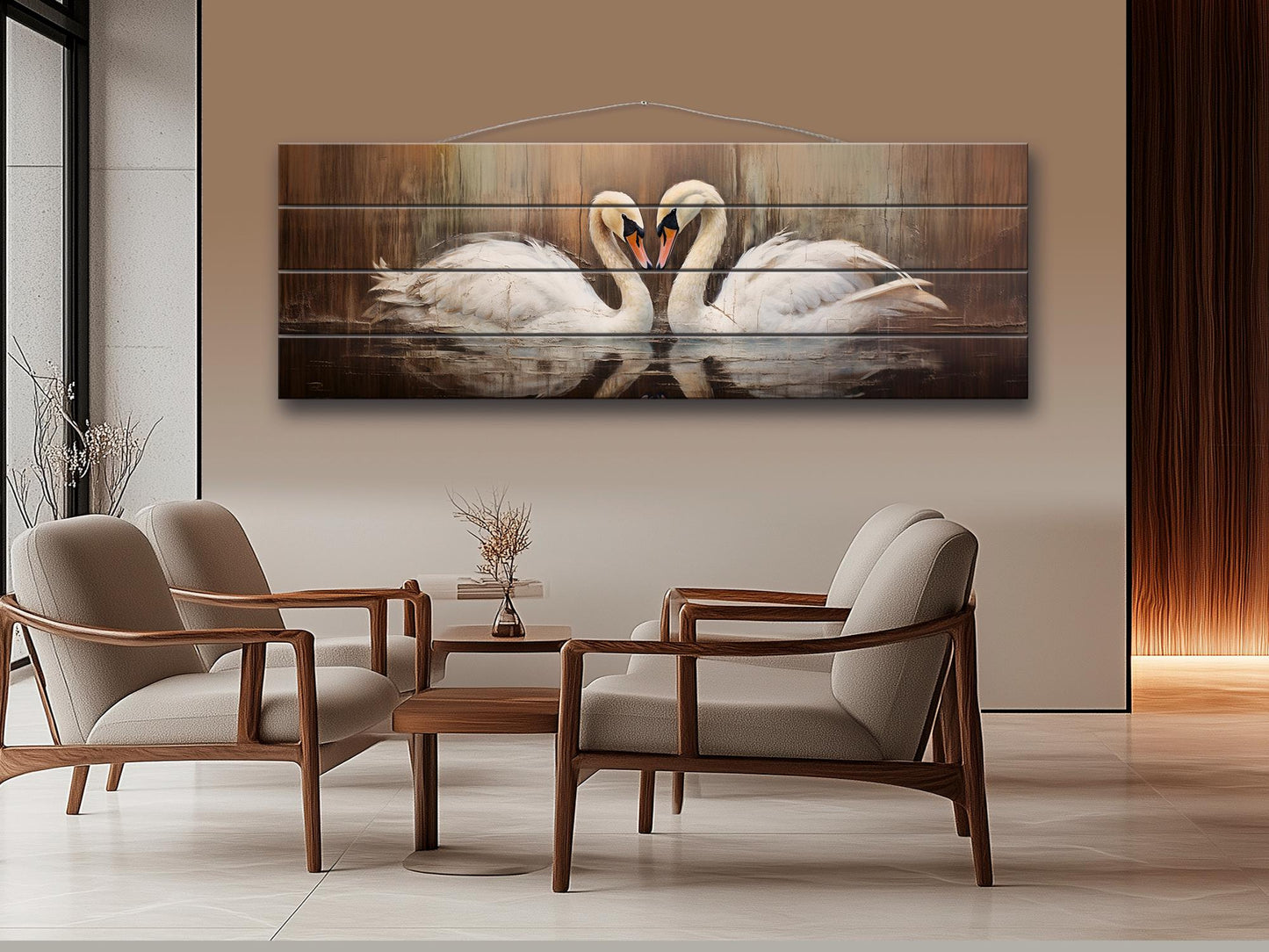 Rustic Swans Couple Forming a Heart Print on Natural Wood, Romantic Wall Art, Rustic Swans Painting, Swans Wall Art, Wood Wall Art