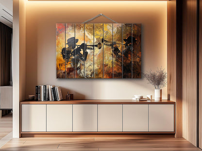 Rustic Wood Wall Art – Abstract Trumpet Painting on Wood | Jazz Music Decor