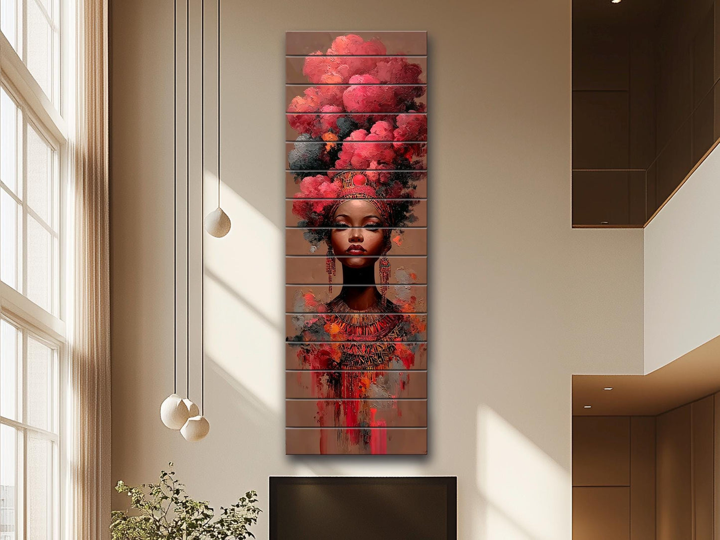 African Woman Wood Print – Tribal Wall Art With Red Cloud Headdress, Ready to Hang
