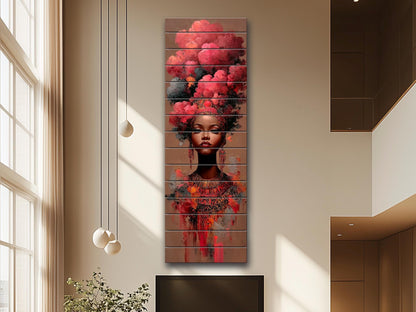 African Woman Wood Print – Tribal Wall Art With Red Cloud Headdress, Ready to Hang