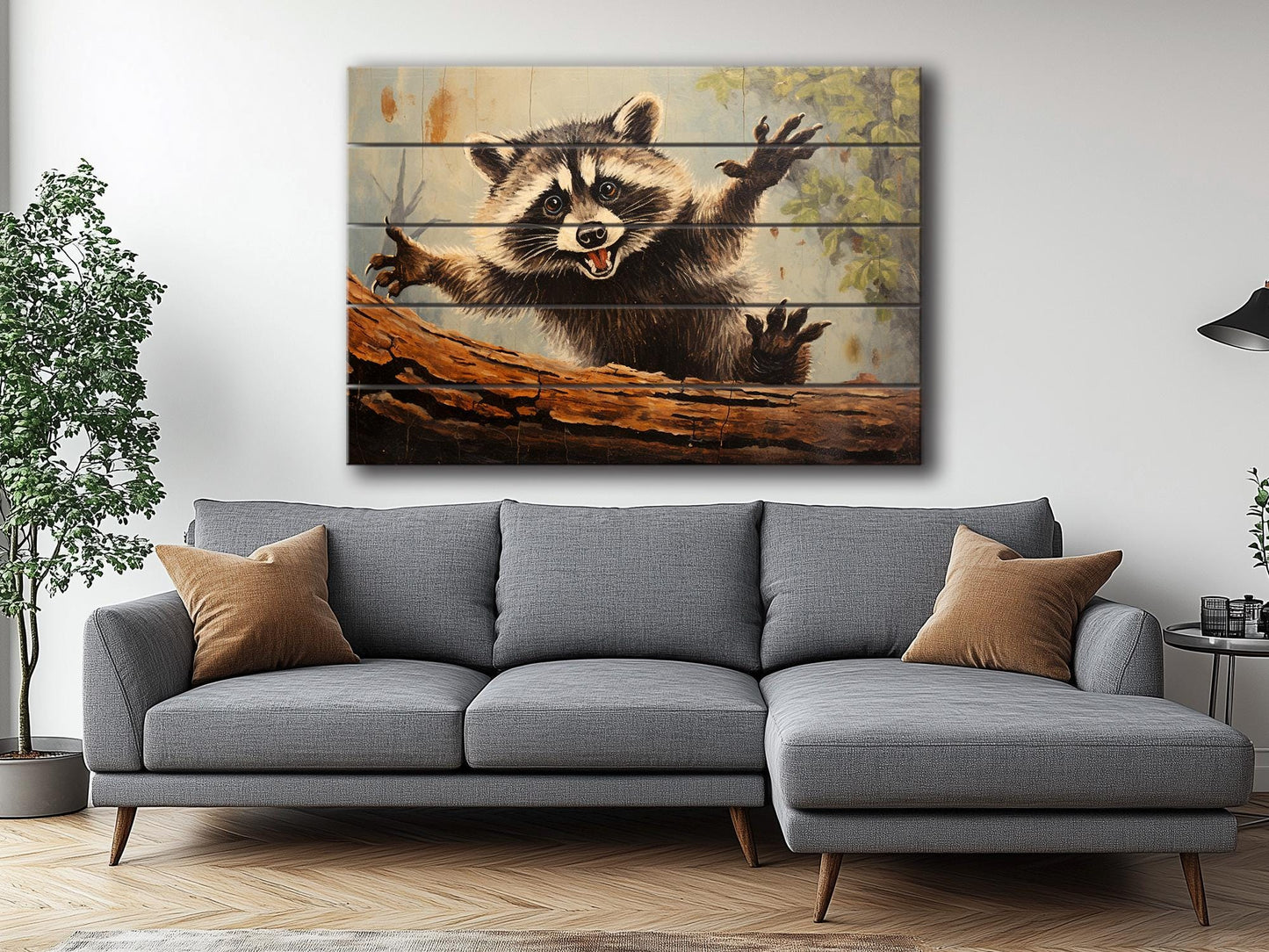 Rustic Woodland Wall Art – Happy Raccoon Wooden Wall Decor on Wood Planks