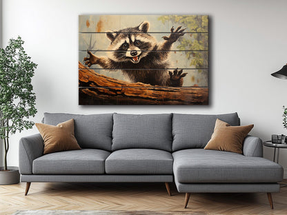 Rustic Woodland Wall Art – Happy Raccoon Wooden Wall Decor on Wood Planks