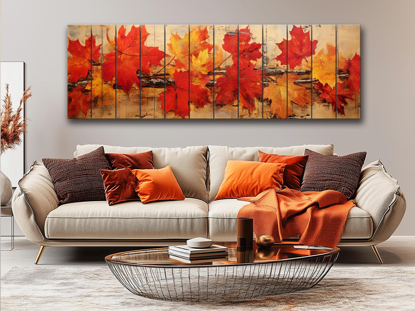 Wood Wall Art – Rustic Wooden Art Floral Panel with Autumn Tree Branch Print