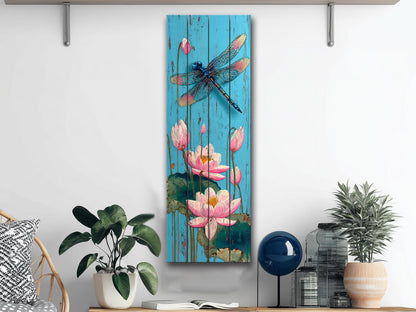 Rustic Wood Wall Art – Dragonfly Wall Print with Water Lily Artwork | Farmhouse Pond Decor