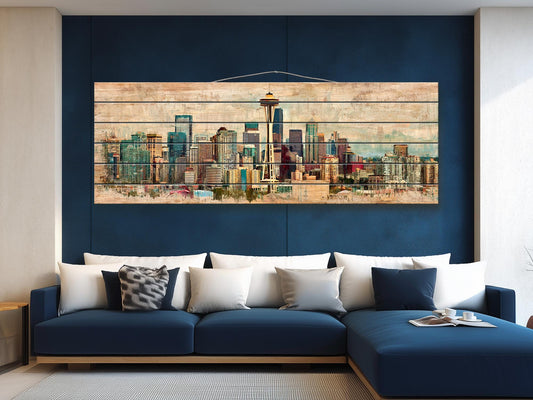 Seattle Skyline Wood Print – Rustic Wall Art With Vintage Cityscape Decor