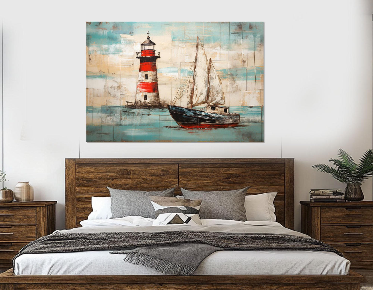 Nautical Wall Art - Rustic Lighthouse Canvas Print With Sailboat Painting, Framed & Ready To Hang