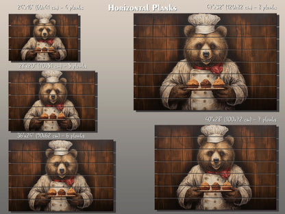 Rustic Bakery Wall Decor – Grizzly Bear Artwork Printed on Natural Wood Panels