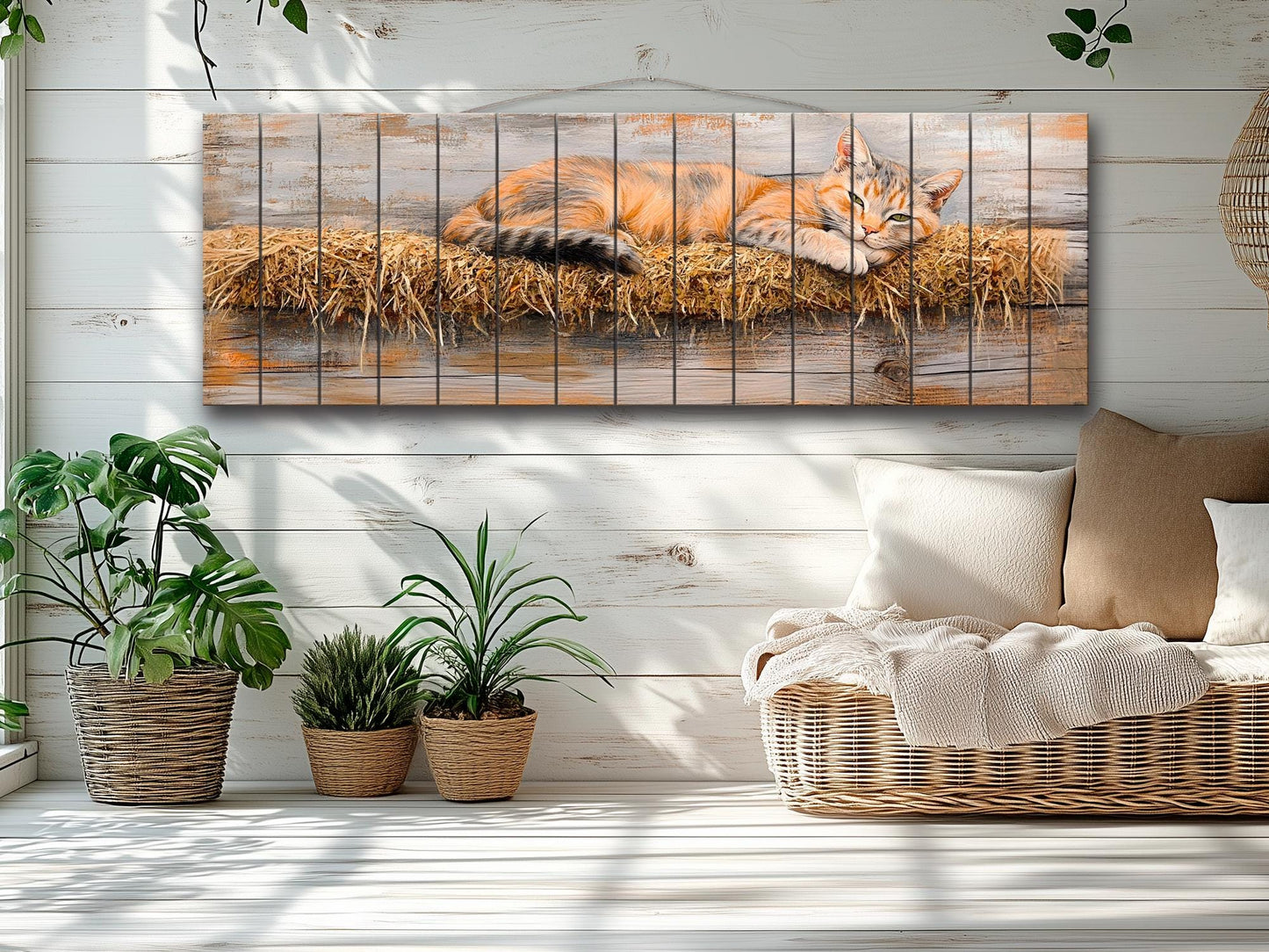 Farm Cat Lounging on a Hay Bale Painting Printed on Natural Wood, Cats Wall Art, Red Cat Print, Rustic Cabin Wall Decor, Wood Wall Art