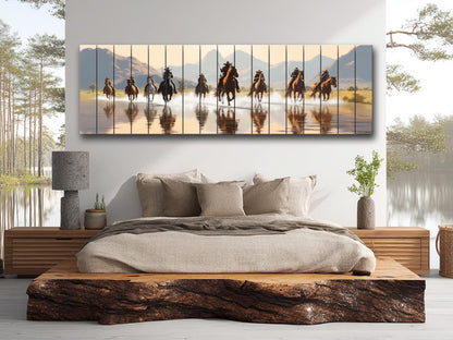 Retro Style Cowboys on Horses Print On Natural Wood -Wild West Wall Art