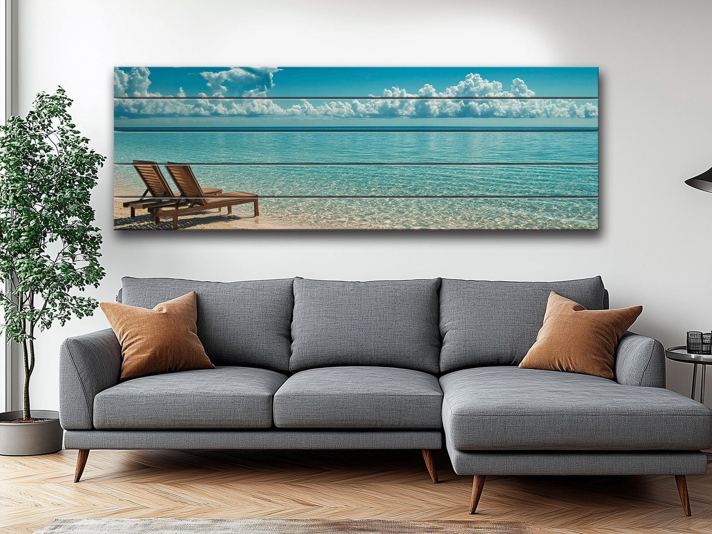 Scenic Beach with Deck Print on Natural Wood – Coastal Wall Art