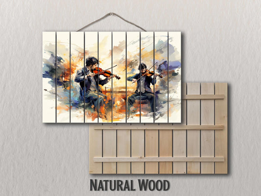 Violinist Wall Art – Abstract Violin Painting on Natural Wood Plank Art, Unique Rustic Music Decor