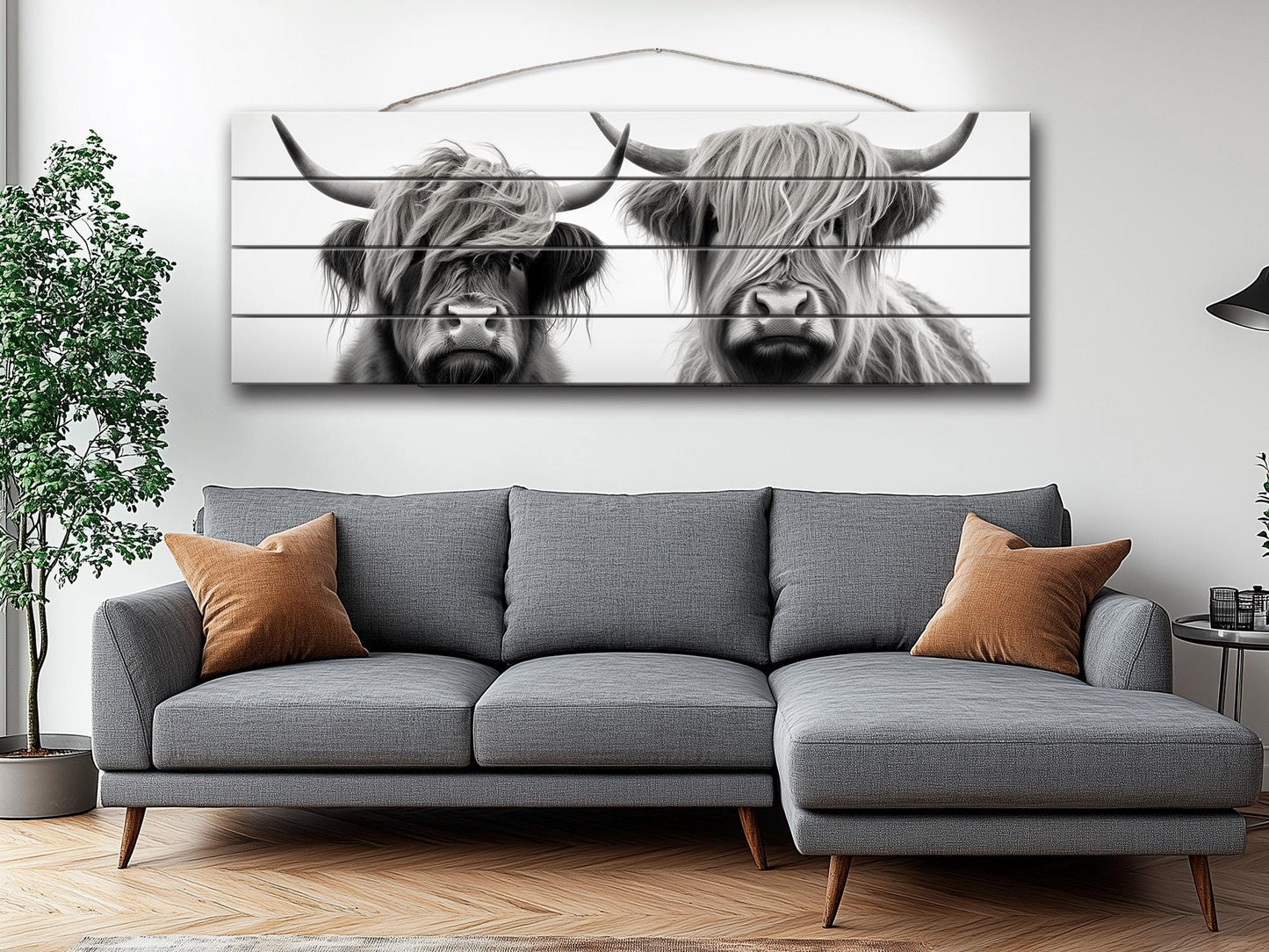 Highland Cows Wall Art - Rustic Wood Wall Decor with Romantic Cow Painting on Natural Wood