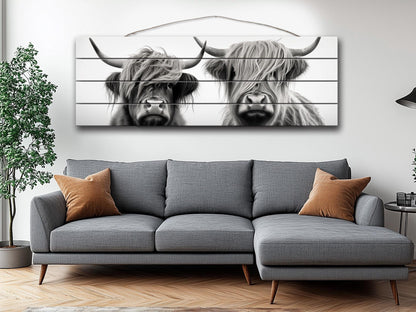 Highland Cows Wall Art - Rustic Wood Wall Decor with Romantic Cow Painting on Natural Wood
