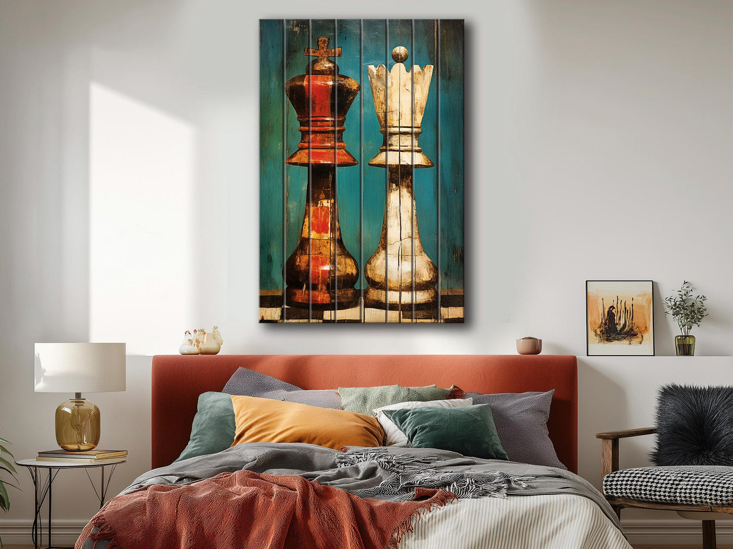 King Queen Chess Art - Rustic Wooden Chess Print On Natural Wood, Ready To Hang
