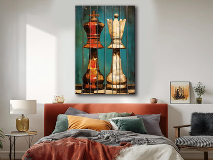 King Queen Chess Art - Rustic Wooden Chess Print On Natural Wood, Ready To Hang