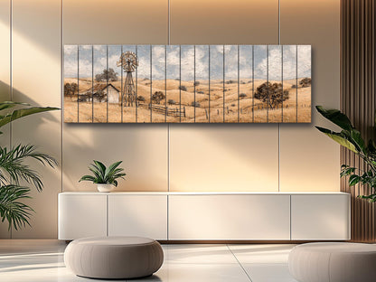 Rustic Farmhouse Wall Art - Wooden Windmill Panoramic Wood Print Decor