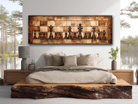 Rustic Chess Wall Art - Natural Wood Print | Vintage Strategy Game Decor