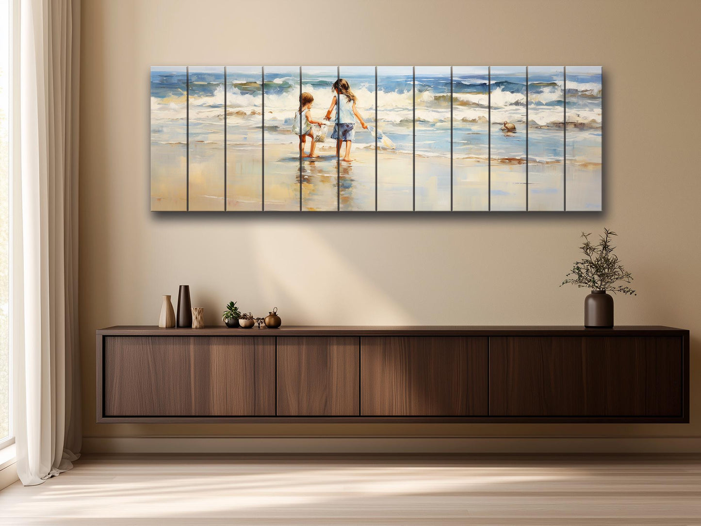 Rustic Wood Wall Art | Wooden Beach Painting with Warm Wood Texture for Kids Room