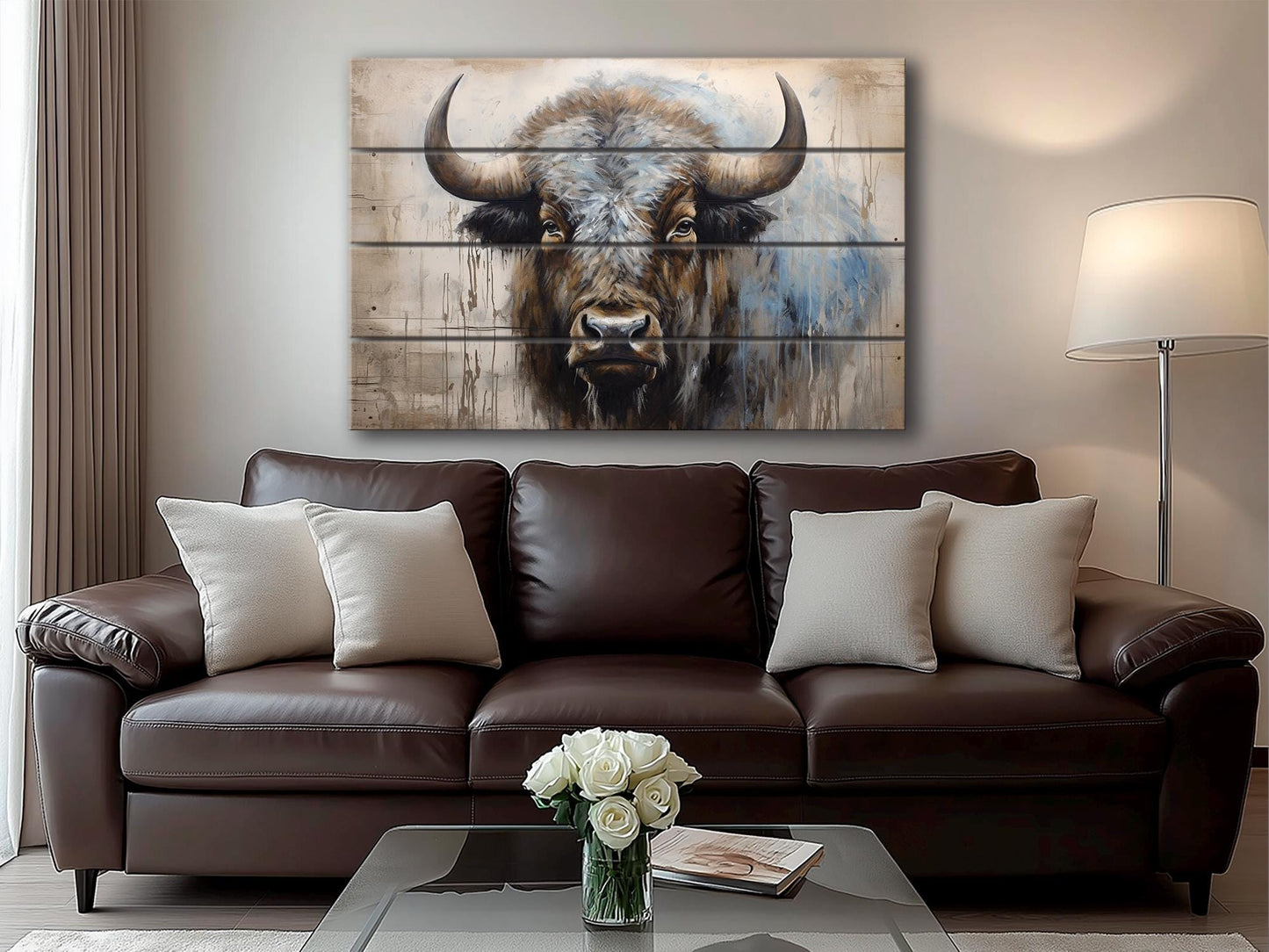 Rustic Wood Wall Art – Bison Abstract Painting on Wooden Planks | Farmhouse Decor