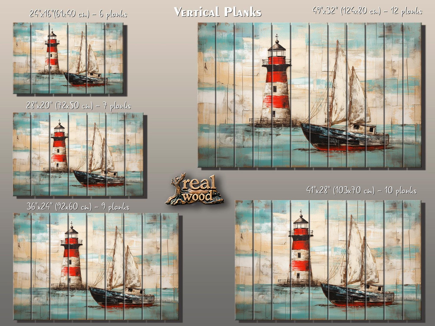 Nautical Wall Art – Coastal Wooden Wall Decor with Lighthouse Print & Sailboat Artwork