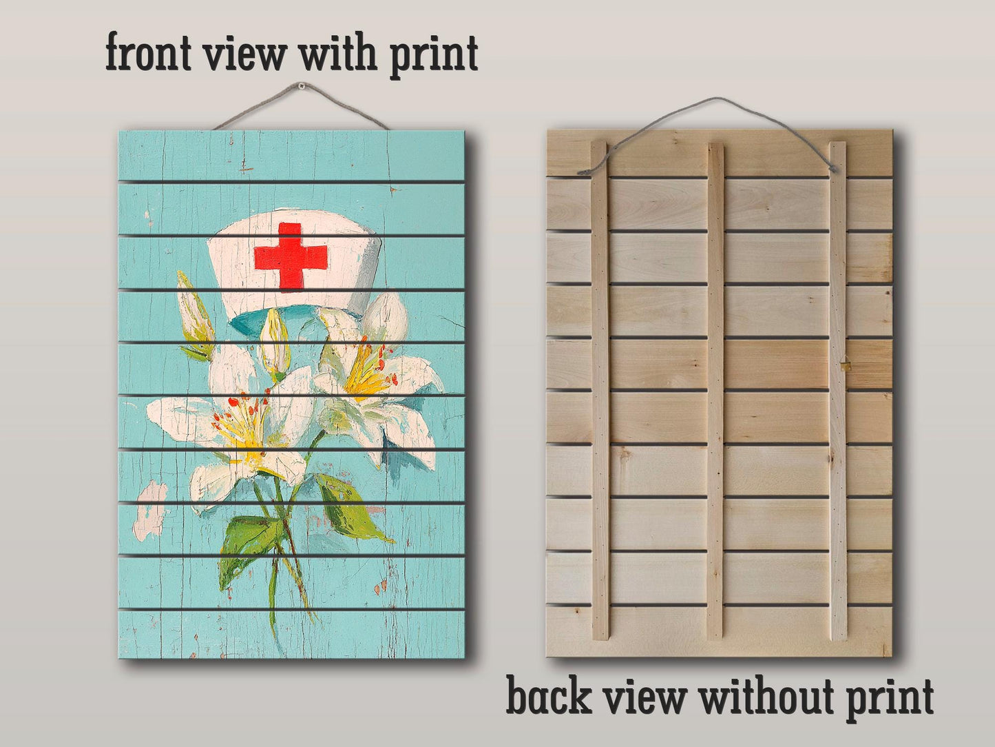 Rustic Wood Wall Art – Nurse Cap Wall Decor with Lilies – Farmhouse Medical Art Printed on Wood