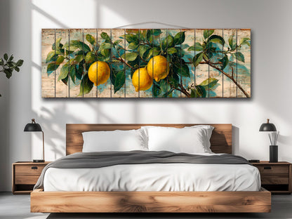 Wood Wall Art – Mediterranean Lemon Tree Painting Printed on Natural Wood, Rustic Lemon Tree Print, Cabin Wall Decor, Kitchen Wall Art