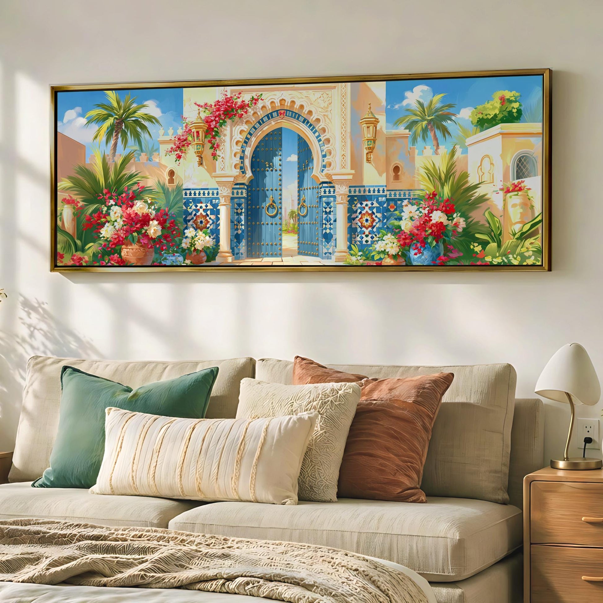 a large, colorful painting of an ornate, blue and gold gate with a tropical garden scene above it, hanging on a wall above a beige sofa with decorative pillows.
